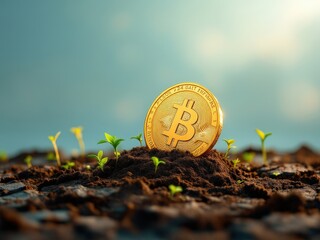 Growth of cryptocurrency symbolized by a golden coin sprouting amidst young plants in rich soil under a bright blue sky