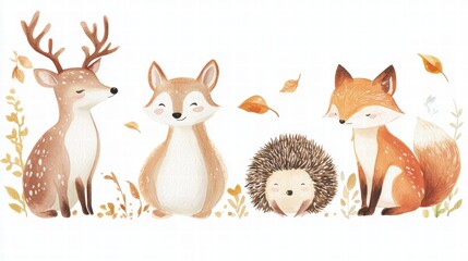 Poster - Forest animals enjoying a peaceful autumn day among falling leaves and gentle sunlight in a serene woodland setting. Generative AI