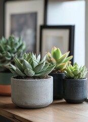 Wall Mural - Indoor plants arranged on a wooden shelf for a fresh, green aesthetic in a cozy living space