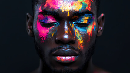 Closeup portrait of black man with bright colorful viscous makeup on black background in studio. generative ai. Velutinous. Illustration