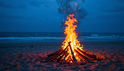 serene beach bonfire under blue sky