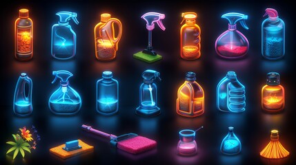 Poster - Design a collection of neon household cleaning object symbols, including