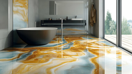 Elegant modern bathroom with epoxy resin marble floor