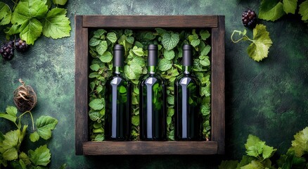 Sticker - Bottles of oil nestled among fresh mint leaves on a textured green background