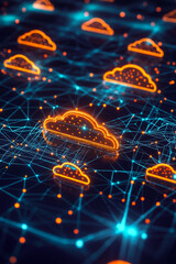 Wall Mural - A cloud computing concept with glowing clouds on a dark background