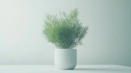 Canvas Print - A sprig of fresh dill sits in a simple white pot against a minimalist light-blue background. The image evokes feelings of freshness and serenity.