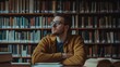 © heinng - Thoughtful Young Man Studying in a Grand Library: Close-Up Photo. AI Generated