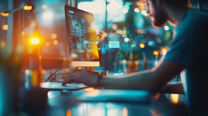 Young Professional Working Late at Night on Computer with Digital Overlays in Modern Office Environment, Focusing on Code and Data Visualization for Technology Projects