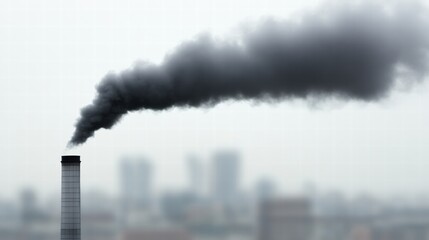 Poster - Industrial chimneys releasing dark smoke into a gray sky over a city landscape. Generative AI