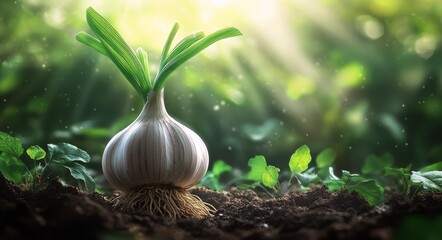 Canvas Print - Fresh garlic plant growing in soil under warm sunlight in a garden