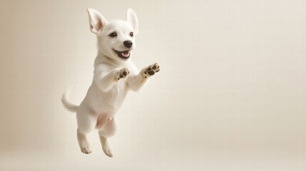 Poster - Joyful puppy leaps in mid air against a soft background with ample space for creative text placement. Generative AI