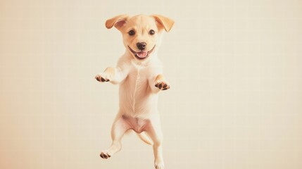Poster - Joyful puppy jumps in mid air showcasing energy and playfulness with lots of space ideal for text overlay. Generative AI