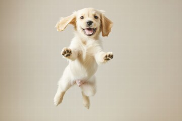 Poster - Joyful puppy leaps in mid air with a bright smile against a neutral background, perfect for a playful design. Generative AI