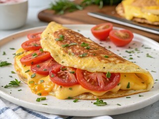 Delicious Cheese and Tomato Omelet Served on a Plate With Fresh Herbs. Generative AI