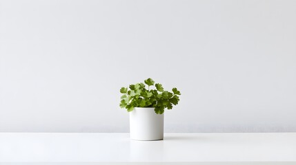 Canvas Print - A small cilantro plant in a white pot sits on a white table against a white wall. Minimalist, clean aesthetic.