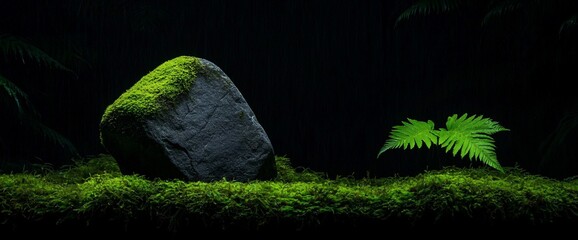 Poster - Moss-covered stone and fern on dark background.