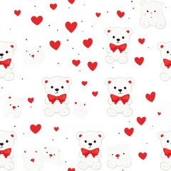 Poster - Patterns featuring cute polar bears with red bows and hearts for playful designs and decorations. Generative AI