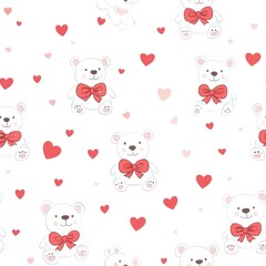 Poster - Soft teddy bears with red bows surrounded by pink hearts for cheerful decorations and designs. Generative AI