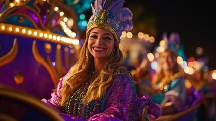 Wall Mural - A vibrant Mardi Gras celebration featuring a smiling woman in a colorful costume on a float, with festive decorations and illuminated night sky