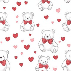 Poster - Cute pattern of teddy bears with red bows and hearts suitable for various design projects and mockups. Generative AI