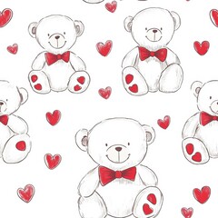 Aufkleber - Cute teddy bears with bows and hearts create a charming pattern for decorative purposes. Generative AI