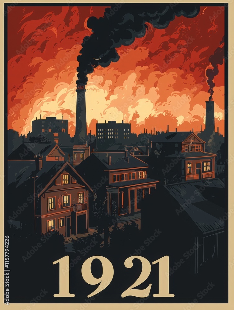 A vibrant urban setting from 1921 illustrates dark smokestacks billowing smoke into a fiery sky.