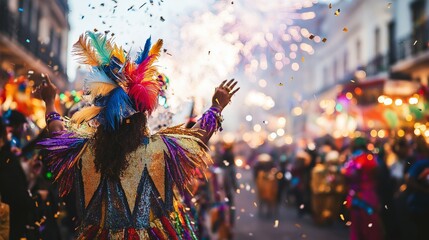 Wall Mural - A vibrant Mardi Gras celebration with diverse people in colorful costumes, fireworks, and festive street decorations in a lively atmosphere