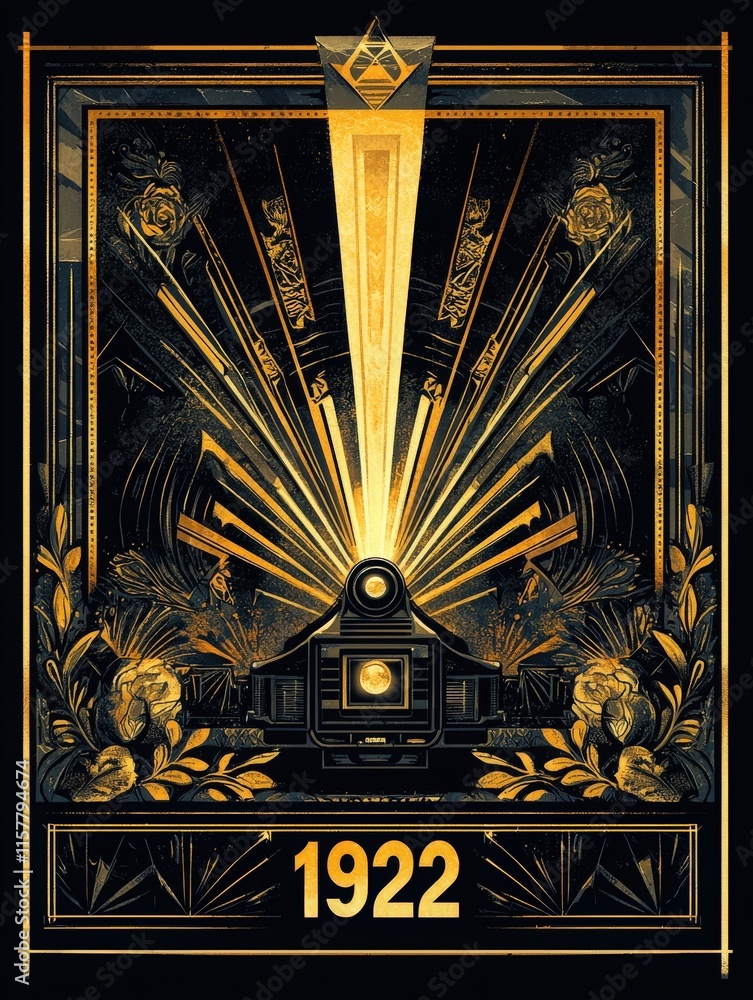 A striking vintage poster features an artistic representation of a camera emitting golden rays.