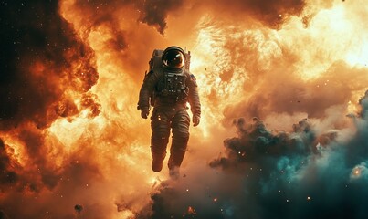 Wall Mural - an astronaut floats through a vibrant cosmic explosion in space.