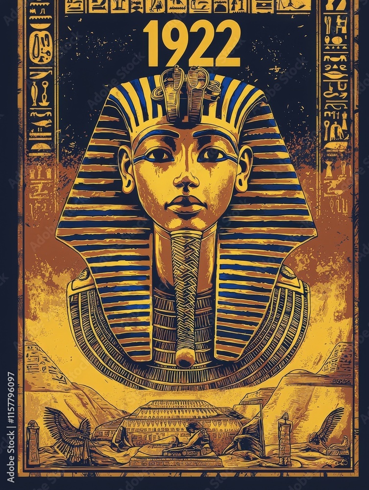 This artwork displays the image of King Tutankhamun adorned with a traditional headdress.