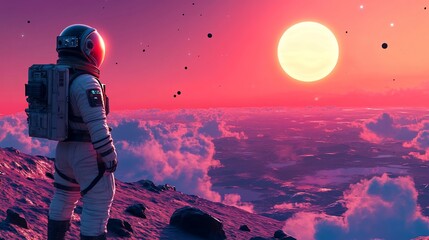 Wall Mural - an astronaut gazes at a vibrant alien sunset with distant celestial bodies.