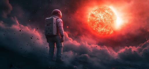 Wall Mural - an astronaut gazes at a massive red sun in a surreal cosmic landscape.