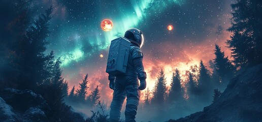 Wall Mural - an astronaut gazes at a cosmic landscape filled with planets and auroras.