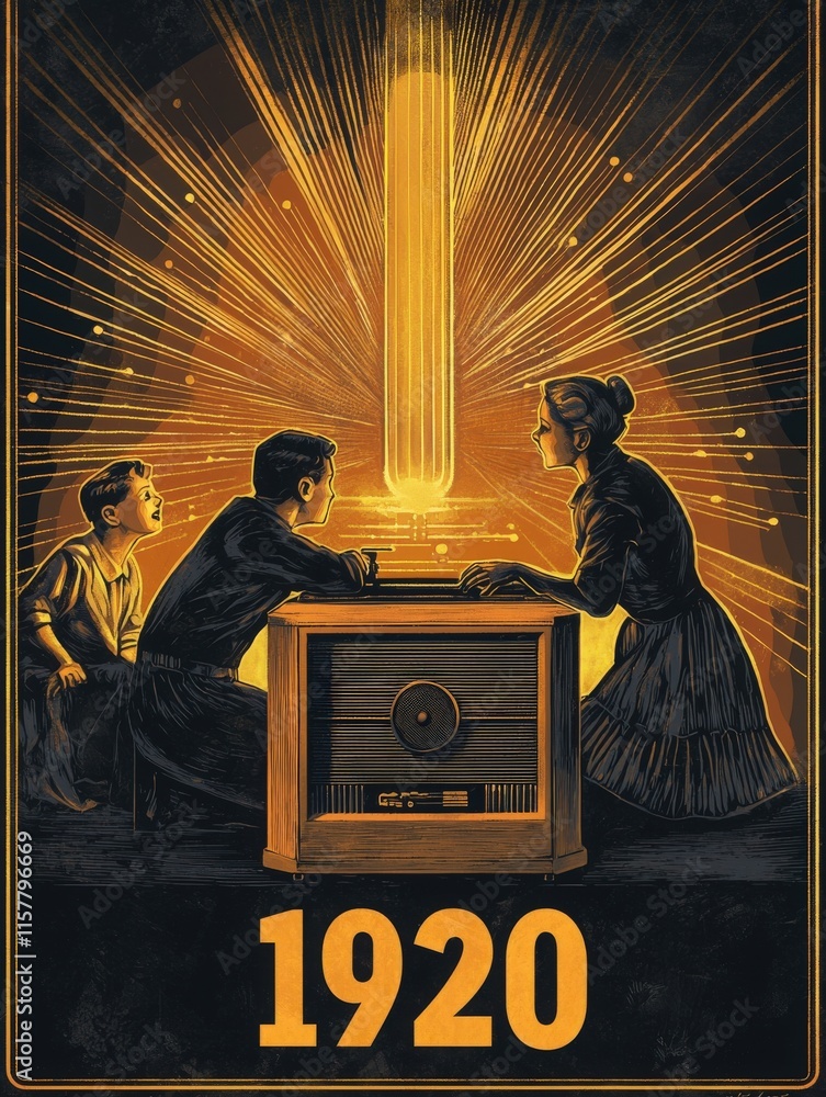 In 1920, a mother and her two children sit intently before an antique radio, mesmerized by the broadcast.