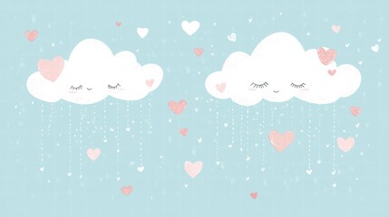 Poster - Whimsical hand drawn Valentines Day design with clouds and hearts for creative mock up and text placement. Generative AI