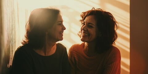 Sticker - Two women are smiling at each other. One of them is wearing a green shirt. Scene is happy and friendly