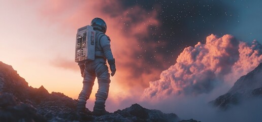 Wall Mural - an astronaut stands on a rocky surface, gazing at a colorful cosmic sky.