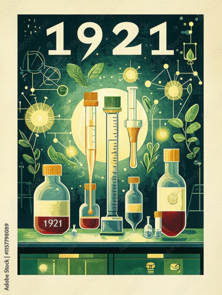Colorful laboratory equipment from 1921 displays various glass containers and beakers filled with liquids.