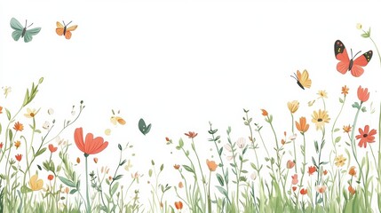 Poster - Colorful meadow filled with playful flowers and butterflies showcasing natures beauty and vibrancy. Generative AI