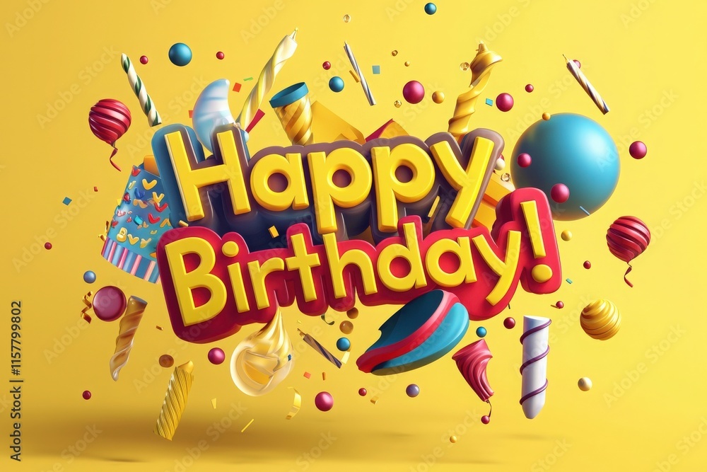 Bright yellow background features a playful arrangement of party hats, balloons, and candy, all surrounding the joyful words wishing happy birthday. Perfect for festive occasions.