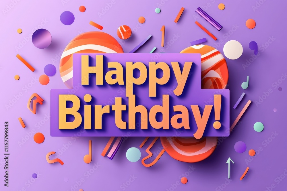 Bright and cheerful birthday decorations display colorful patterns and playful shapes against a purple background, creating a festive atmosphere perfect for celebrating someones special day.