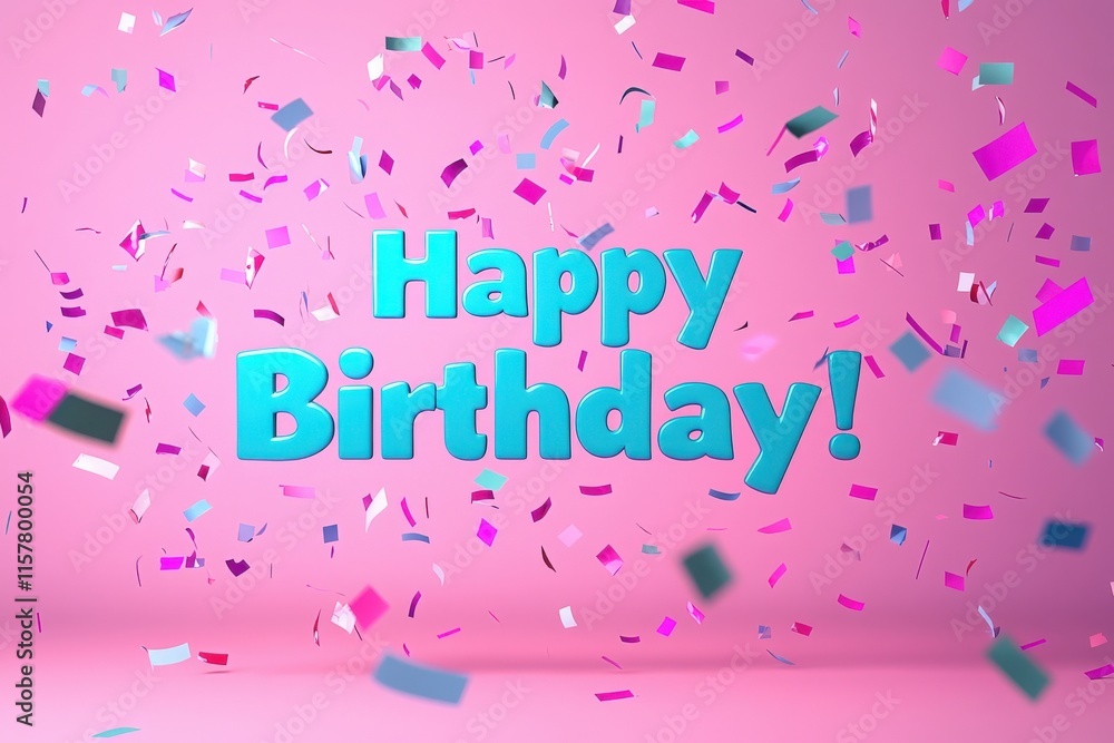 A vibrant backdrop features the words Happy Birthday in large blue letters surrounded by colorful confetti in shades of pink and teal.