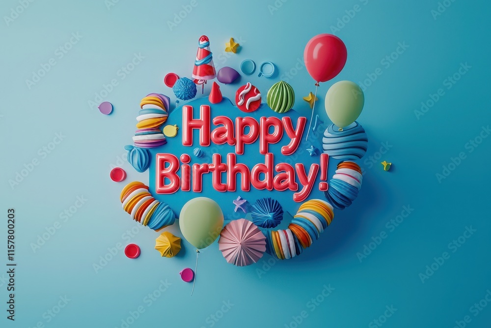 A vibrant arrangement of balloons, candies, and cupcakes creates a festive atmosphere for a birthday celebration. Colorful party hats and cheerful decorations enhance the joyful theme.