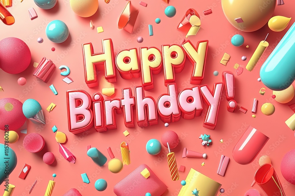A bright celebration background displays the text Happy Birthday surrounded by colorful geometric shapes, party hats, and candles, creating a cheerful atmosphere for a birthday event.