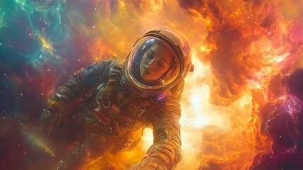 Wall Mural - astronaut floating in a colorful cosmic space, exploring the universe.