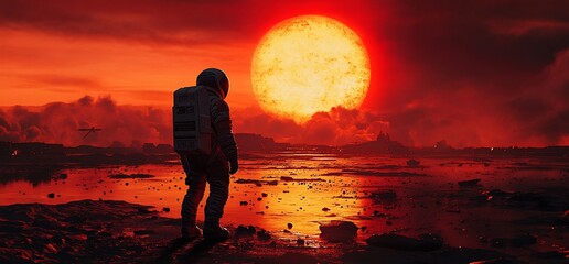 Wall Mural - astronaut gazing at a massive sun over a surreal landscape.