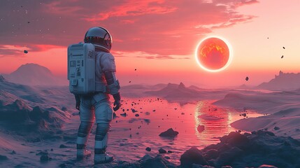 Wall Mural - astronaut gazing at a distant star in a surreal alien landscape.