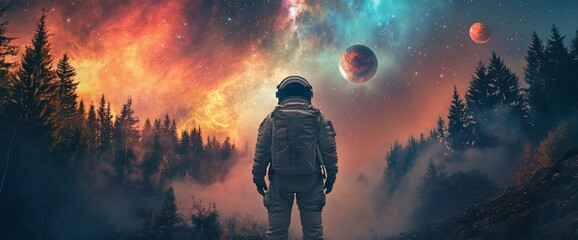 Wall Mural - astronaut gazing at a cosmic landscape with vibrant colors and planets.
