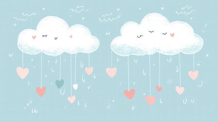 Aufkleber - Whimsical hand drawn clouds with hearts creating a cheerful Valentines Day design. Generative AI