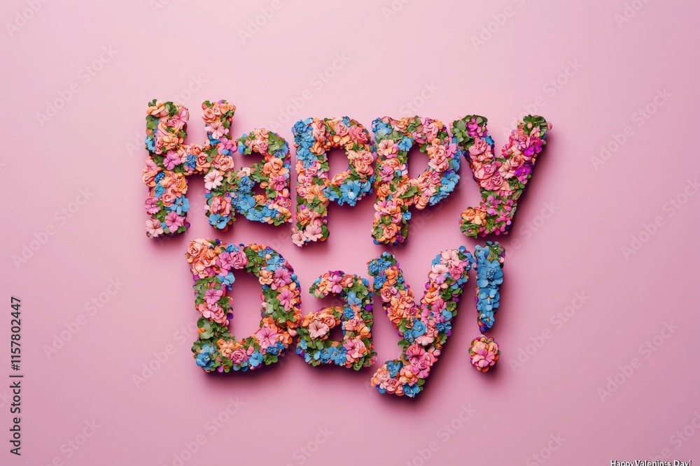 Vibrant flowers are creatively arranged to form the words happy day against a soft pink background. The colorful display brings a cheerful and uplifting atmosphere.